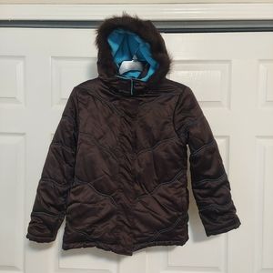 Rothschild Brown Turquoise Puff Quilted Coat Removable Faux Fur Hood